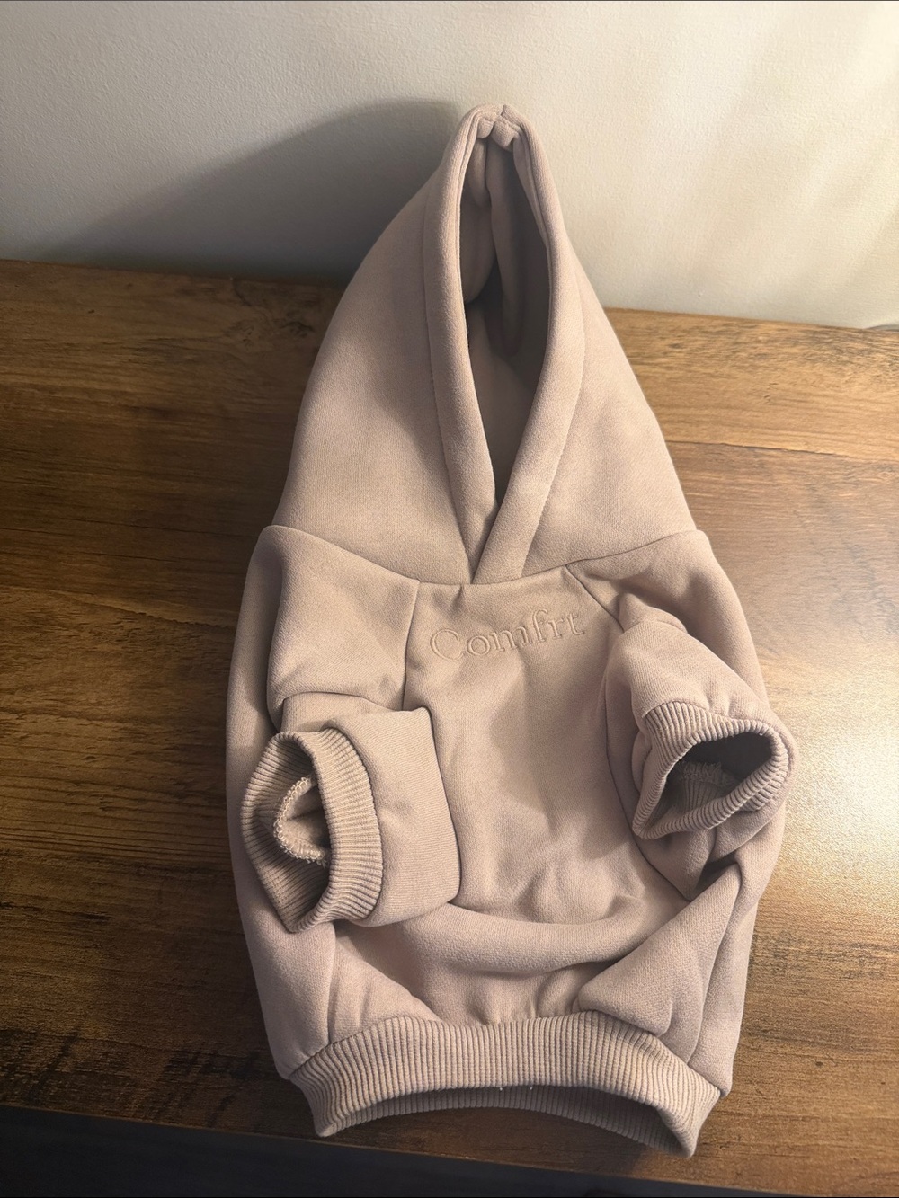 Embroidered small dog 'Comfrt' Hoodie in Tan new never worn